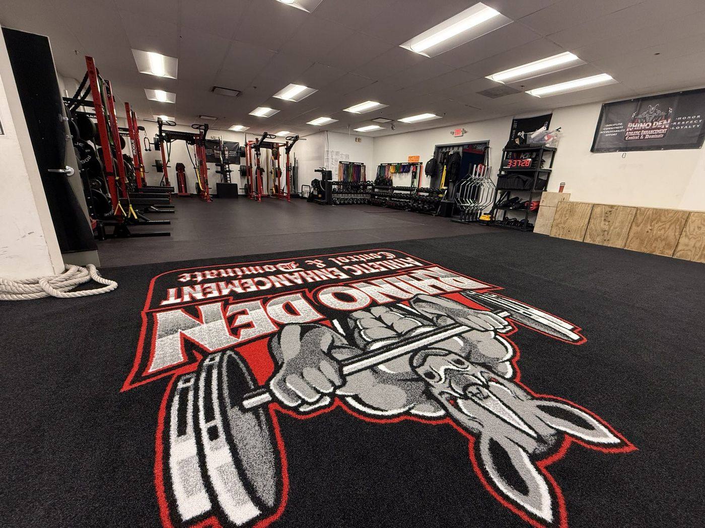The Rhino Den training floor with the rhino logo painted across the turf